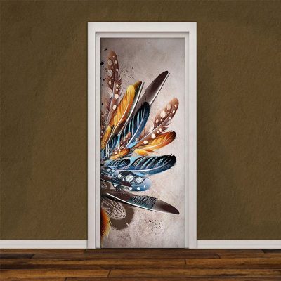 Vinílo autoadhesivo de puerta. Diseño de plumas