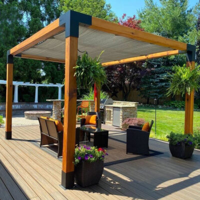 Pérgola Madera/Metal Minimal Techo Lona Tensada 90% Sombra